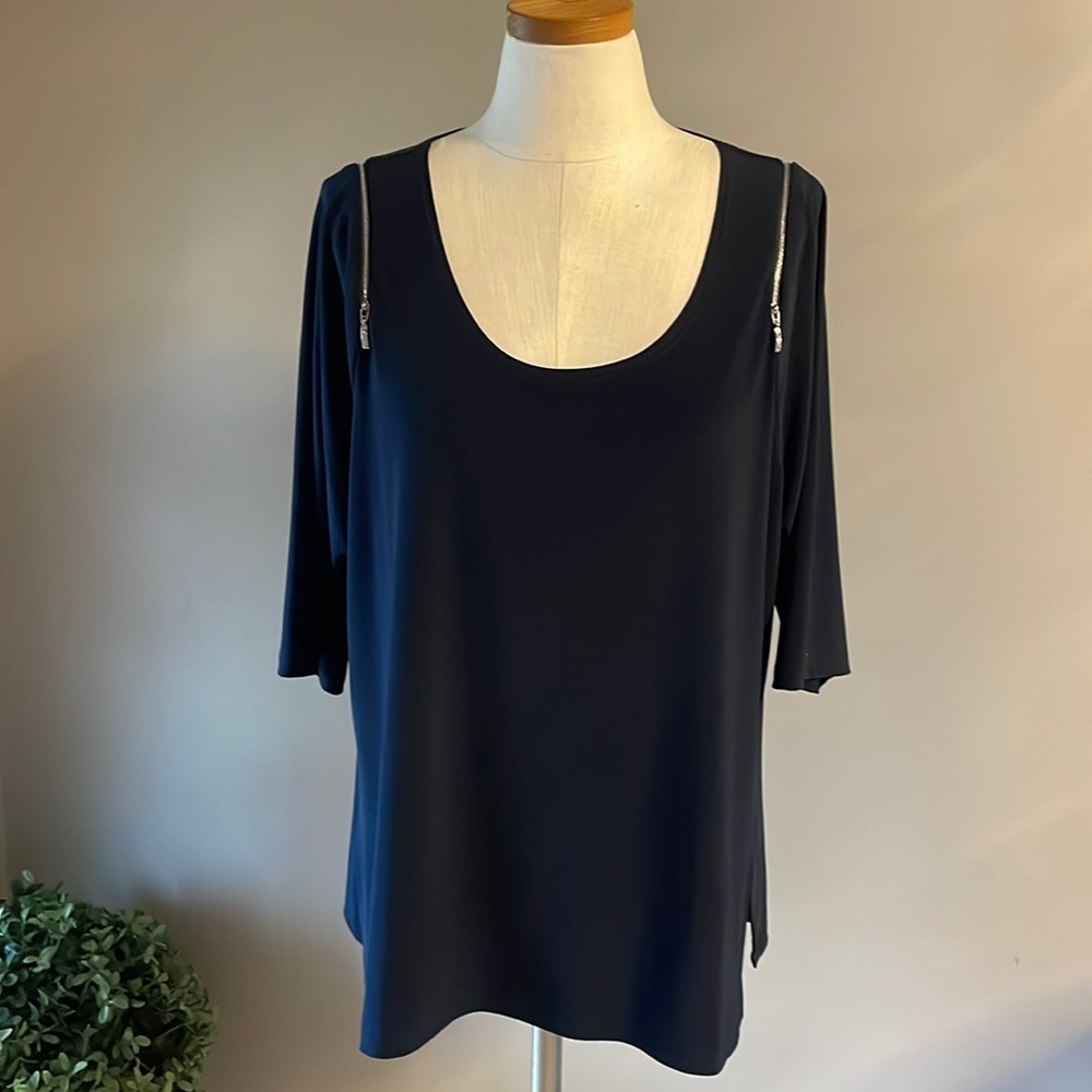 SYMPLI tunic black top zippered shoulders for cold shoulder option jersey sz 18